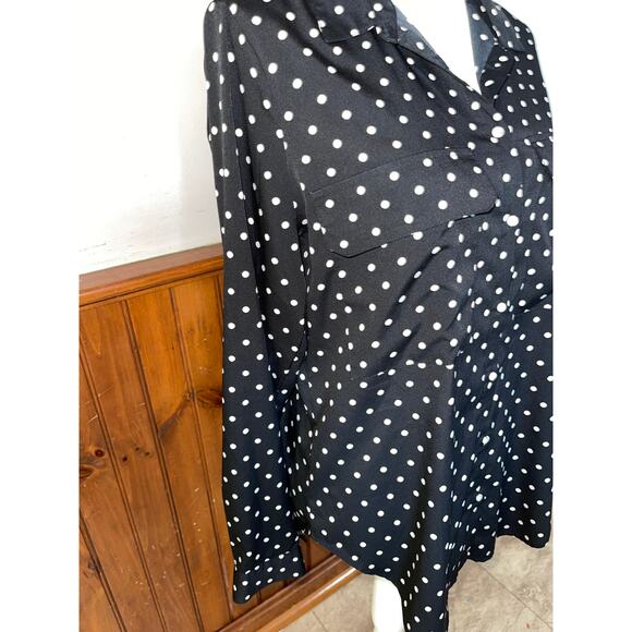 Womens Kut From The Kloth Black‎ White Polka Dot Long Sleeve Blouse Pockets M - Picture 4 of 10